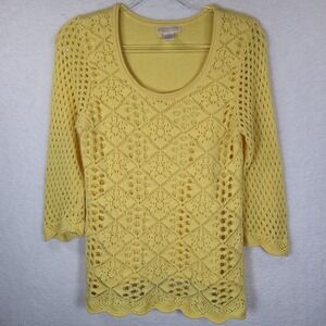 Christina Yellow Crochet Knit Sweater 3/4 Sleeve Lined Scoop‎ Neck Womens Medium